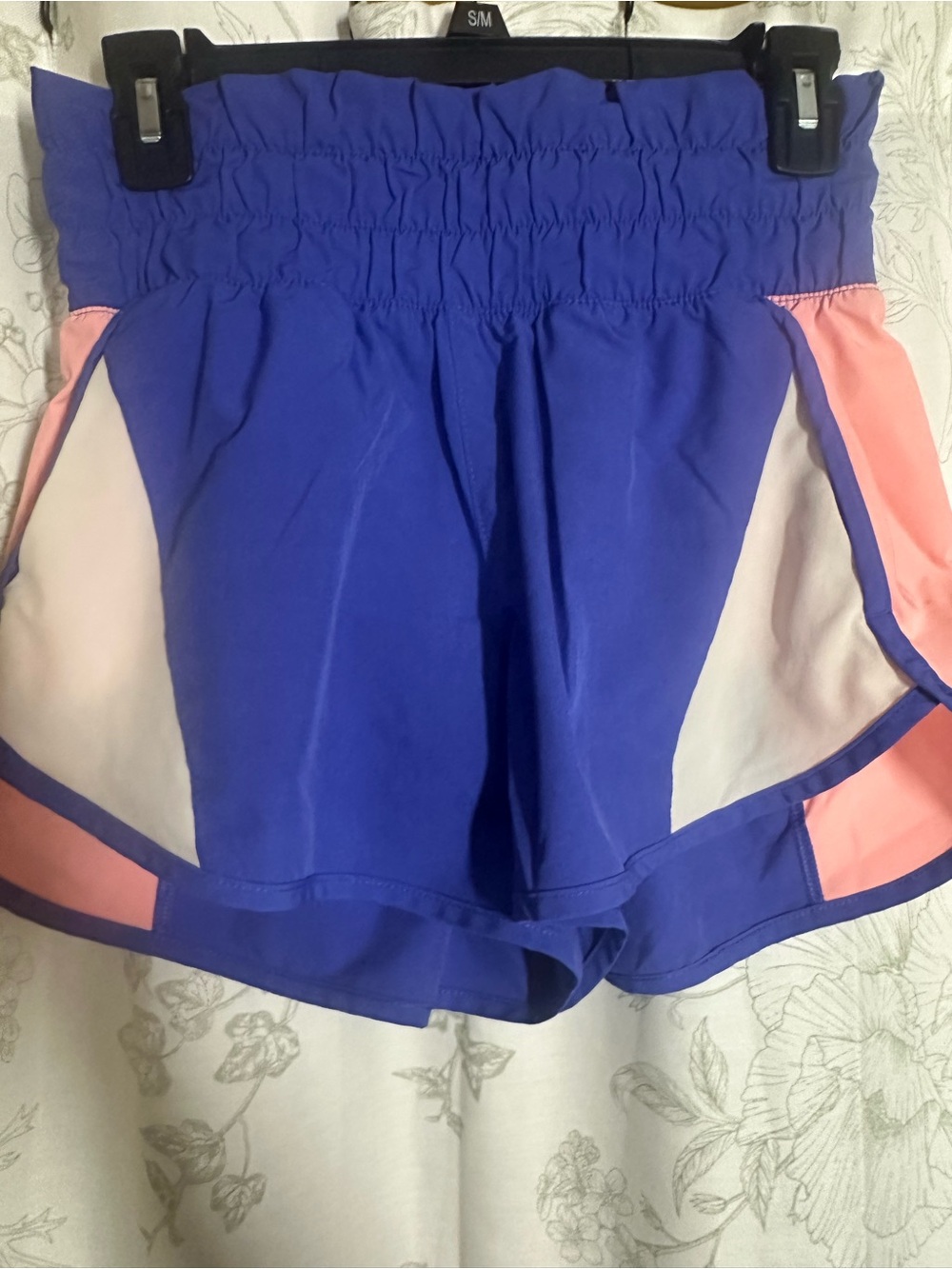 Purple Athletic Shorts with Pink and White Panels